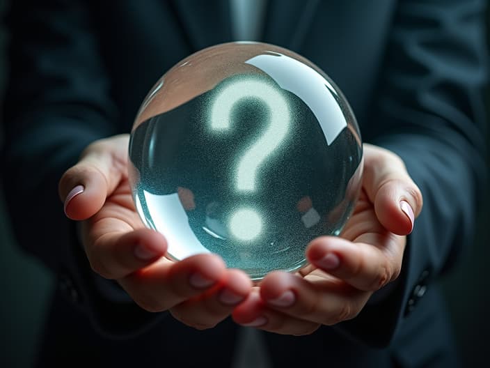 Crystal ball with a question mark, mystical studio photography