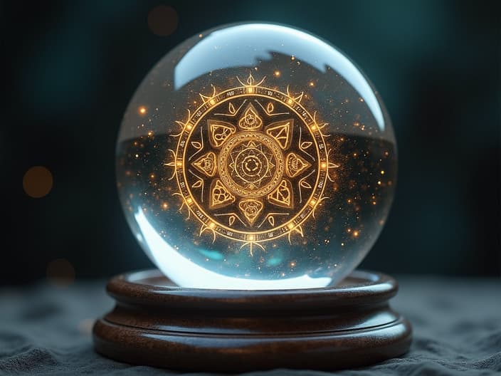 Crystal ball with changing patterns and zodiac symbols, soft focus studio shot, future theme