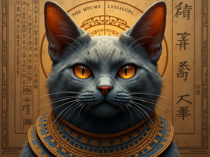 Cultural artifacts or symbols related to cats, such as Egyptian hieroglyphs or Japanese folklore