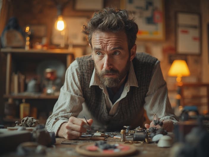 Curious man exploring various hobby items in a studio setting, bright and inspiring background