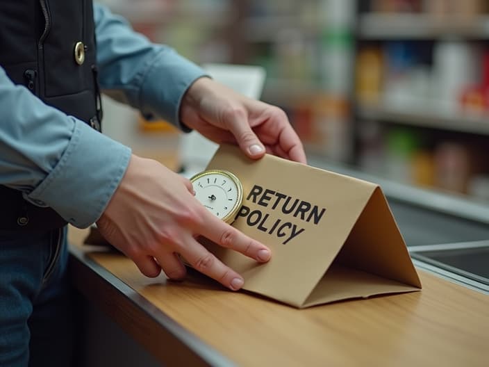 Customer holding defective product at store counter, 'RETURN POLICY' sign visible