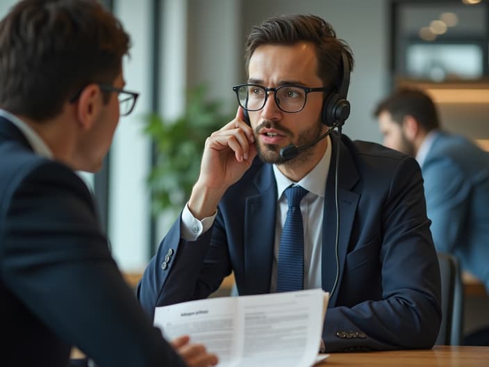 Customer service rep caught between angry customer and company policy book, product in question on desk