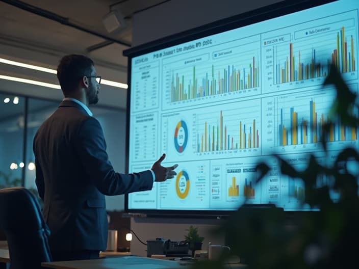 Data analyst presenting KPI dashboard, modern office, professional lighting