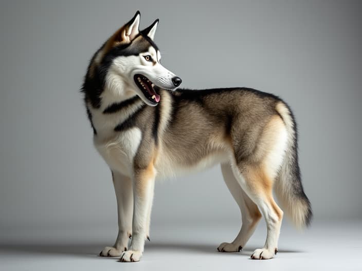 Detailed studio photograph of a Siberian Husky displaying various body language signals, educational setting