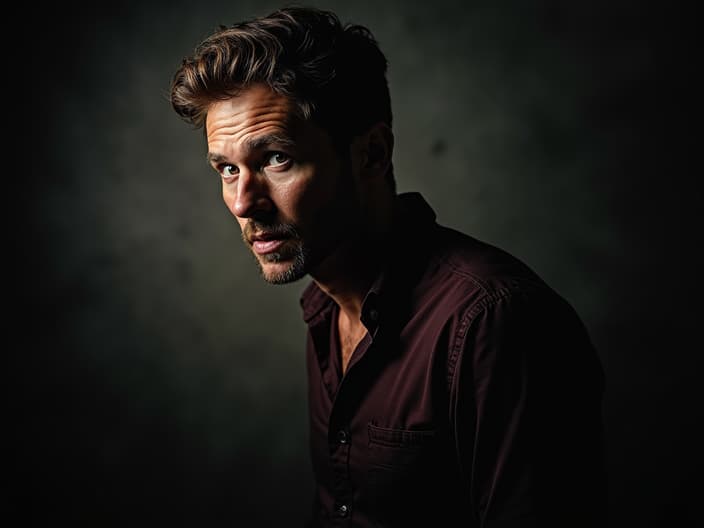 Determined man facing the camera in a dramatic studio light, overcoming fear