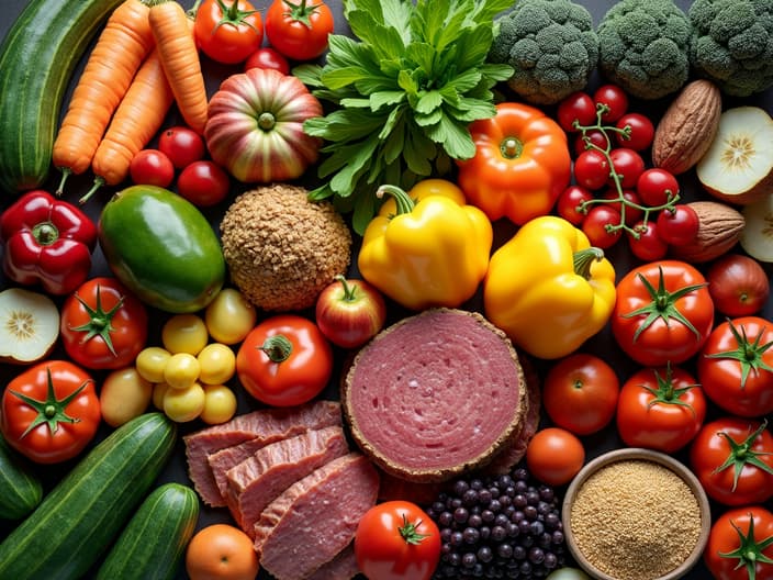 Diverse array of plant-based proteins, fruits, vegetables, and grains in a vibrant display