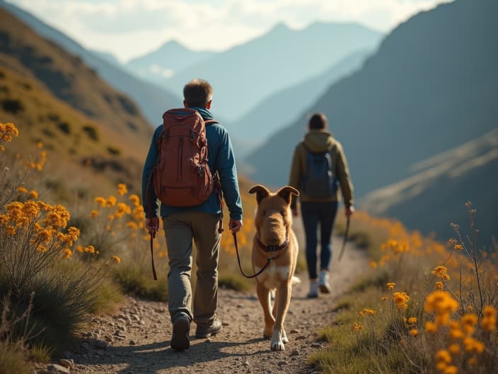 Dog and person hiking together on a challenging trail