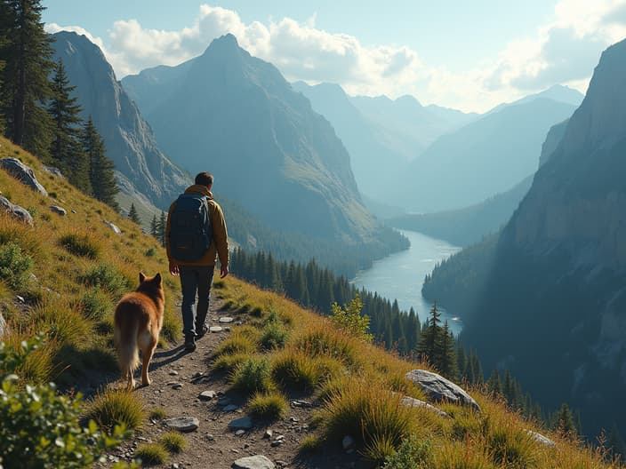 Dog and person hiking up a mountain trail