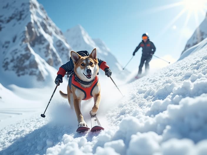 Dog and person skiing down a snowy mountain slope