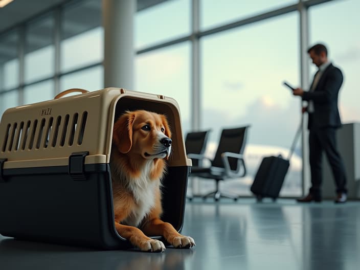 Dog in a carrier at an airport, with a person preparing for a flight