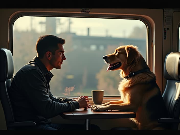 Dog in a train car with a person, both looking out the window