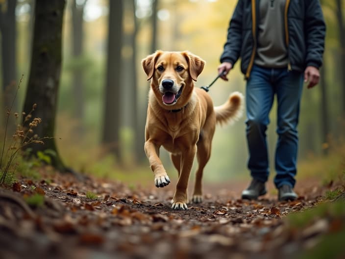 Dog off-leash in a forest, with a person nearby