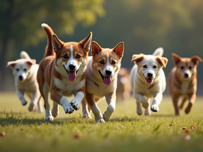 Dog park with multiple dogs playing and running