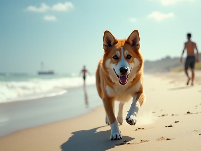 Dog running freely on a beach, with a person playing in the background