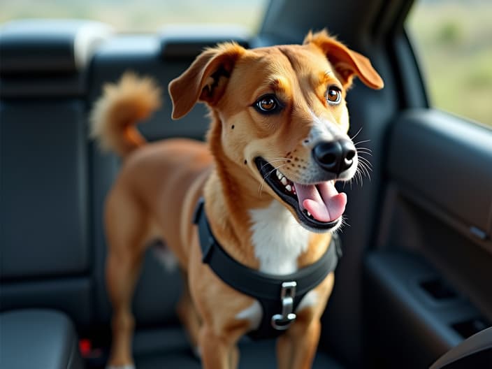 Dog safely secured in a car with a harness