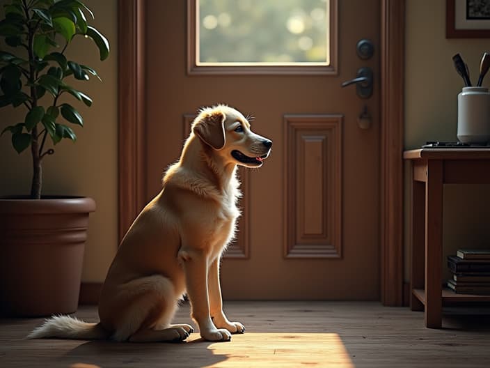 Dog sitting patiently by the door, looking at its owner