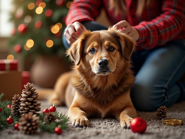 Dog surrounded by festive decorations, with a person decorating in the background