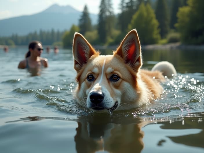 Dog swimming in a lake, with a person nearby