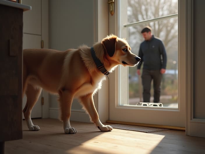 Dog using an electronic dog door, with a person in the background