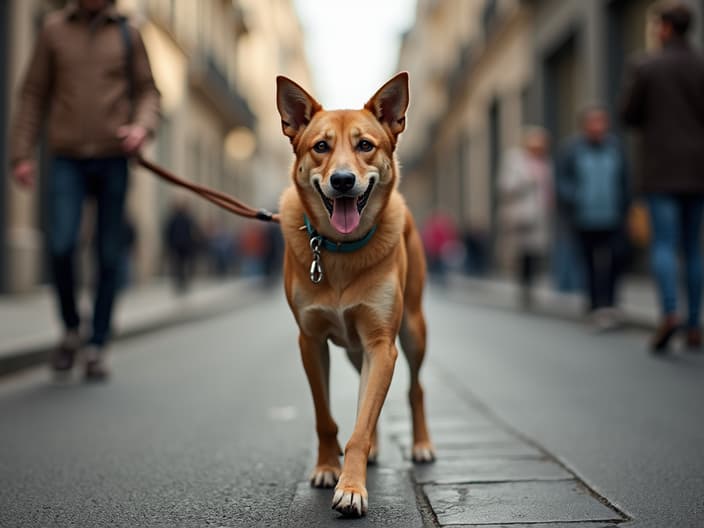 Dog walking on a leash in a city street, with a person nearby