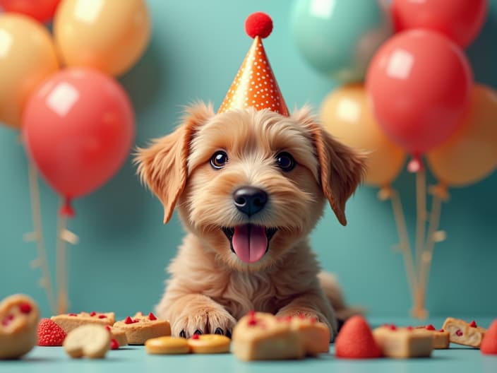 Dog wearing a party hat, surrounded by balloons and treats