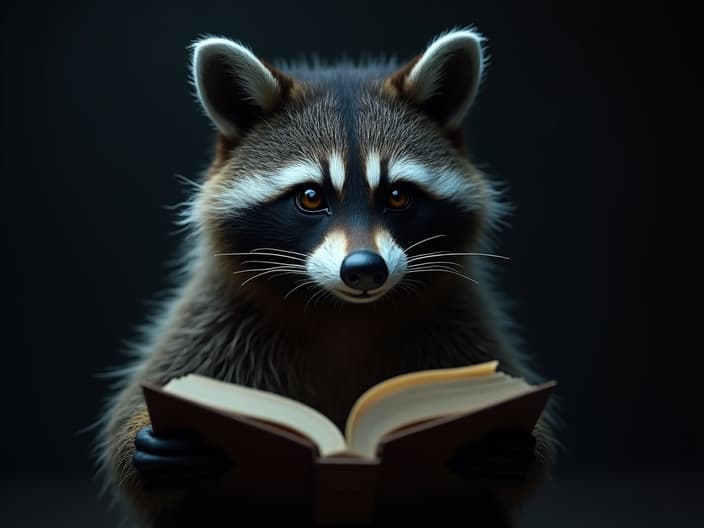 Dramatic studio shot of a raccoon telling a scary story, spooky lighting and shadows