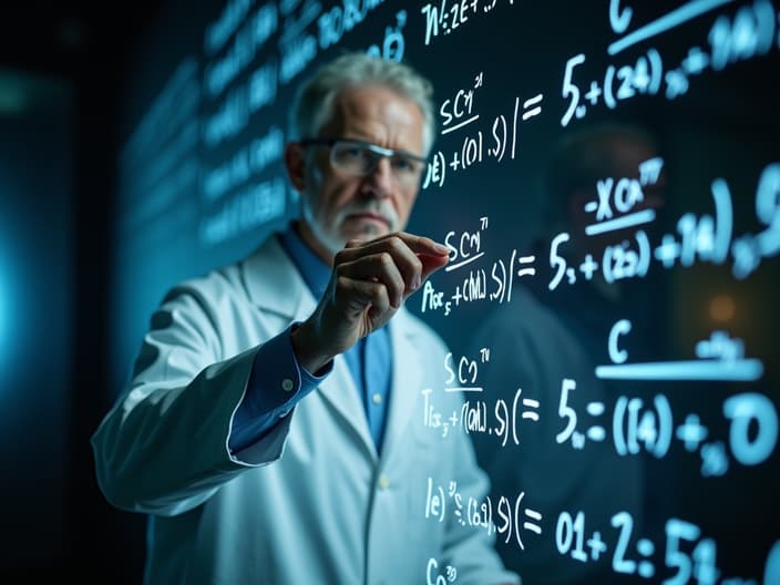 Dramatic studio shot of a scientist explaining complex formulas on a glass board, dramatic lighting