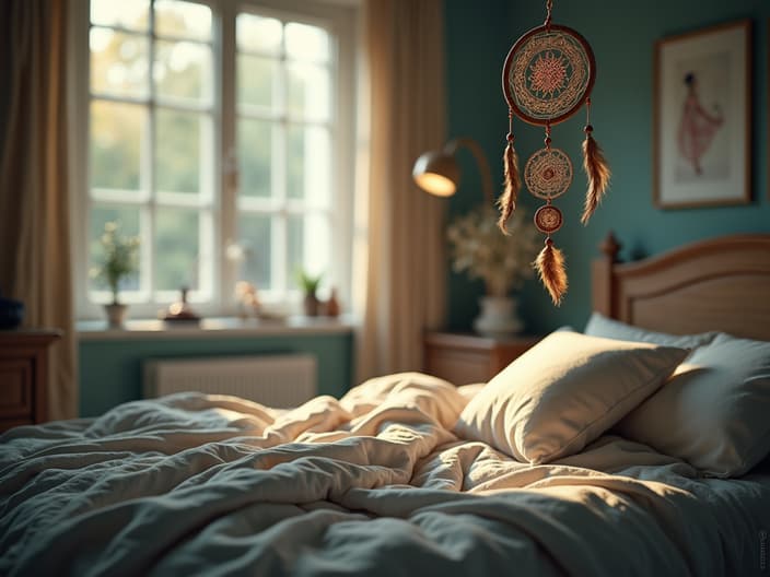 Dreamy bedroom scene with floating symbols and dream catcher, soft focus studio shot