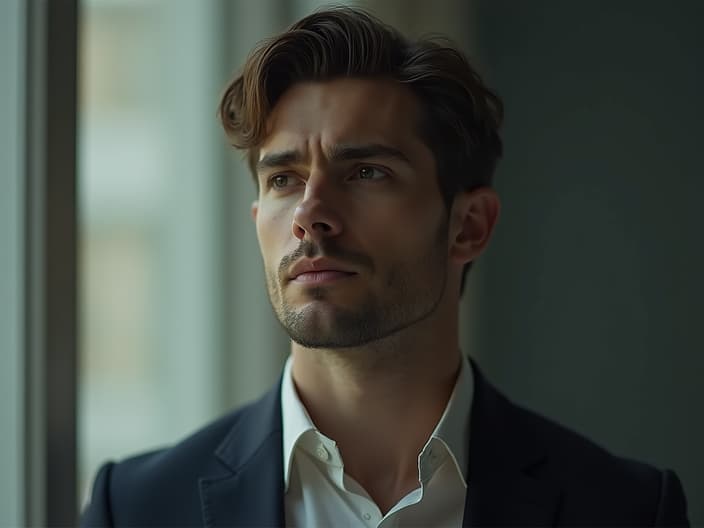 Dreamy studio portrait of a man looking into the distance, soft lighting and blurred background