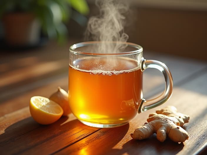 Drinks that soothe a sore throat, such as warm water with honey, tea, and ginger