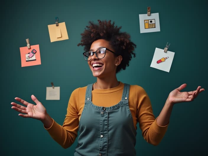 Dynamic studio portrait of a person juggling various task icons, focused expression