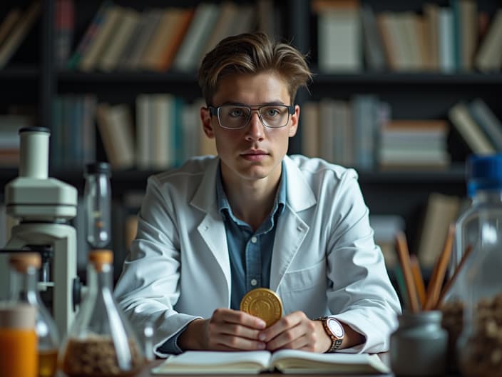 Dynamic studio shot of a determined student surrounded by scientific equipment and books, with a gold medal in focus