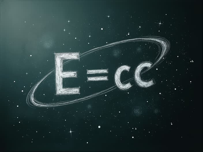 Einstein's famous equation E=mc² written on a chalkboard with space-time diagram