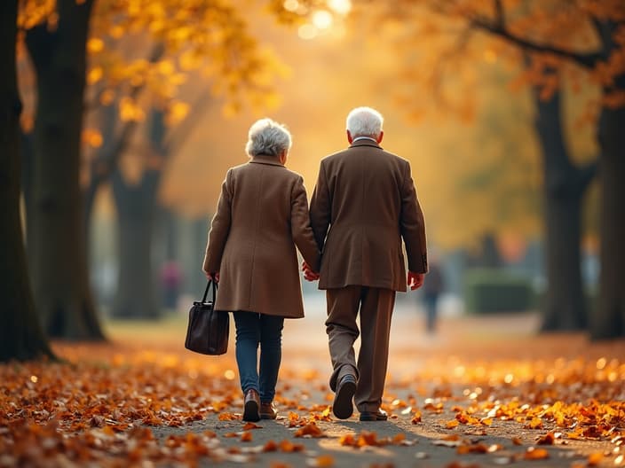 Elderly couple holding hands and walking in a park, autumn leaves falling