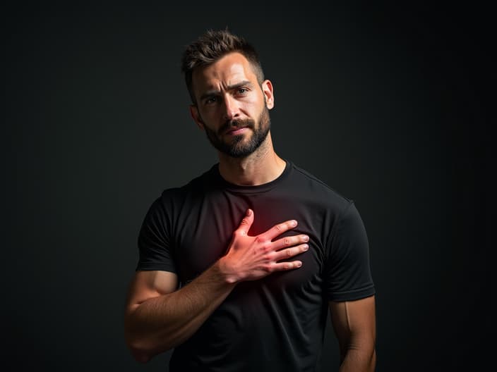 Emotional studio portrait of a man with a hand over his heart, soft lighting