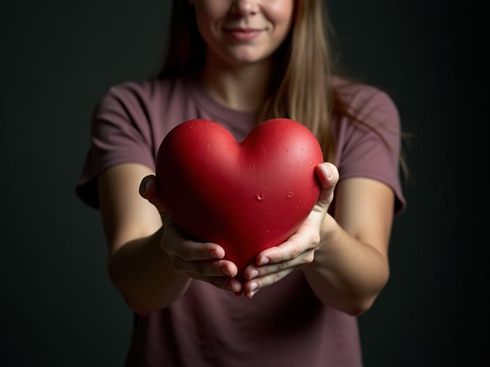 Empathetic studio portrait of a person holding a heart, symbolizing healing from loss