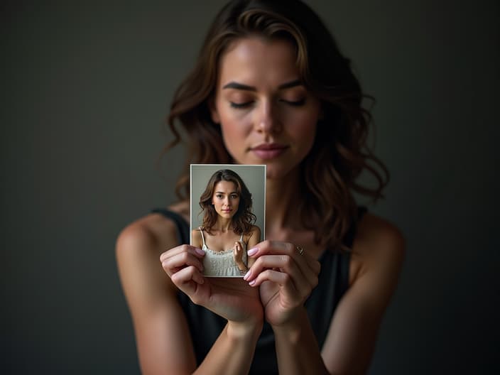 Empathetic studio portrait of a person holding a photo, symbolizing healing from loss