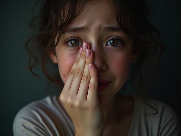 Empathetic studio portrait of a person wiping tears, with a hint of hope in their expression