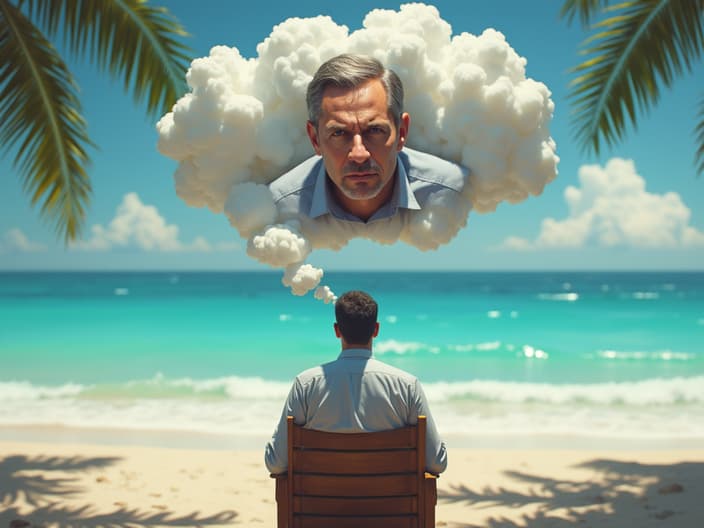 Employee dreaming of vacation beach scene, boss's stern face looming in thought bubble above