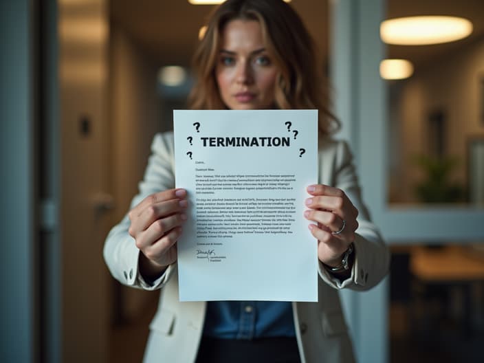 Employee holding termination letter with question marks, office door closing in background