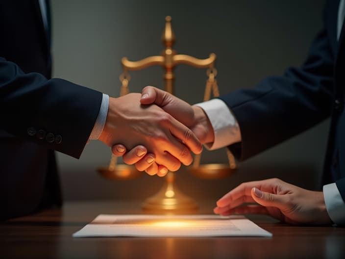 Employer and employee shaking hands over a glowing contract, scales of justice in background