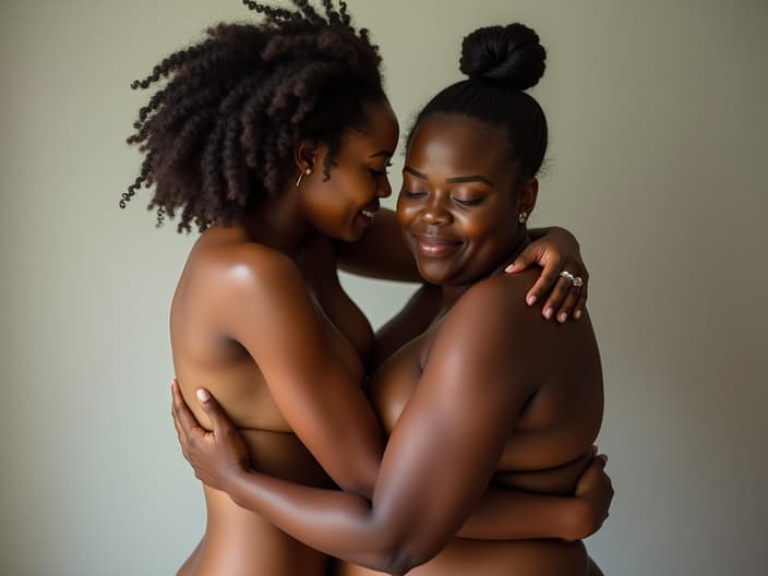 Empowering studio portrait of diverse body types embracing themselves, soft, flattering lighting