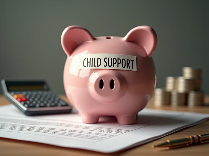 Empty piggy bank with 'CHILD SUPPORT' label, legal documents and calculator nearby