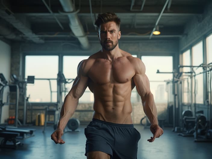 Energetic man in workout clothes in a studio gym setting, bright and motivational backdrop