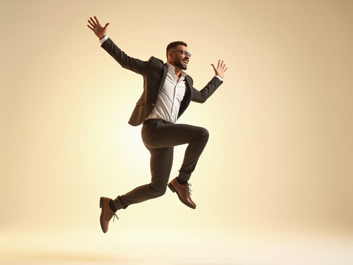 Energetic man jumping with joy in a bright studio setting, dynamic pose