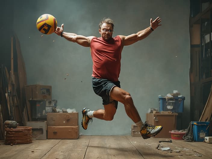 Energetic man with various sports equipment in a dynamic studio setting