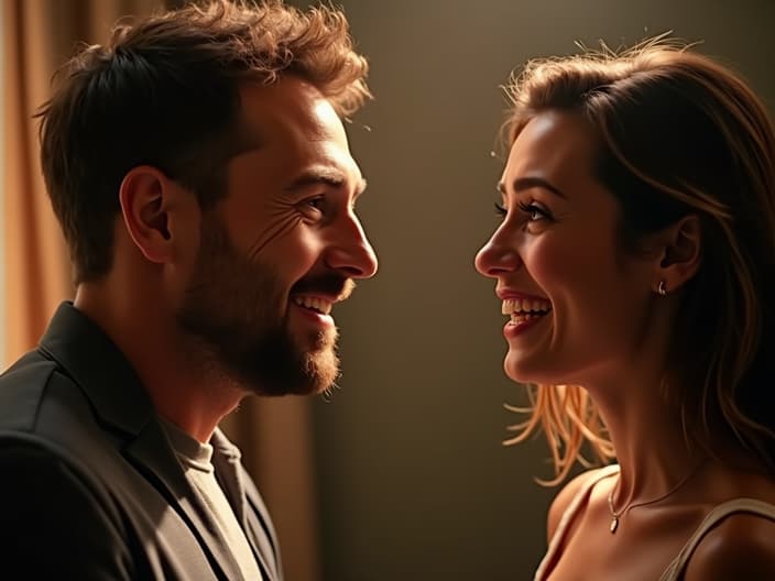 Engaging studio portrait of two people in animated conversation, warm lighting