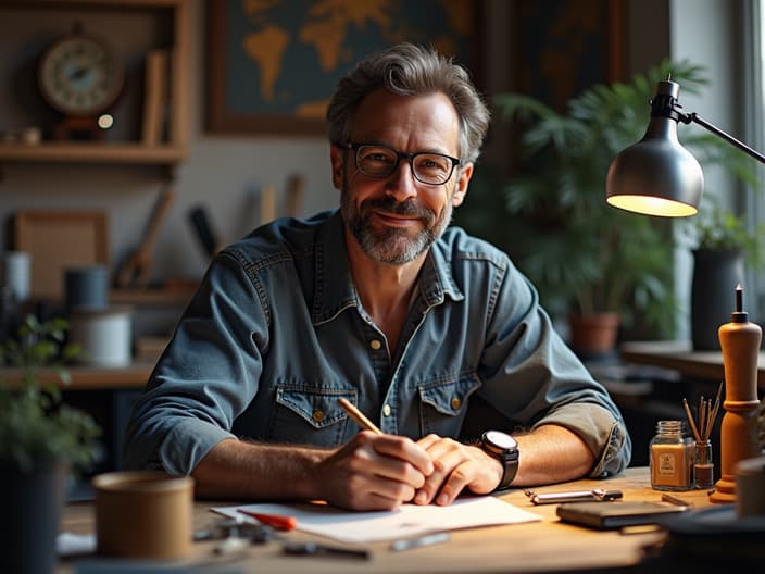 Enthusiastic man surrounded by various hobby items in a bright studio