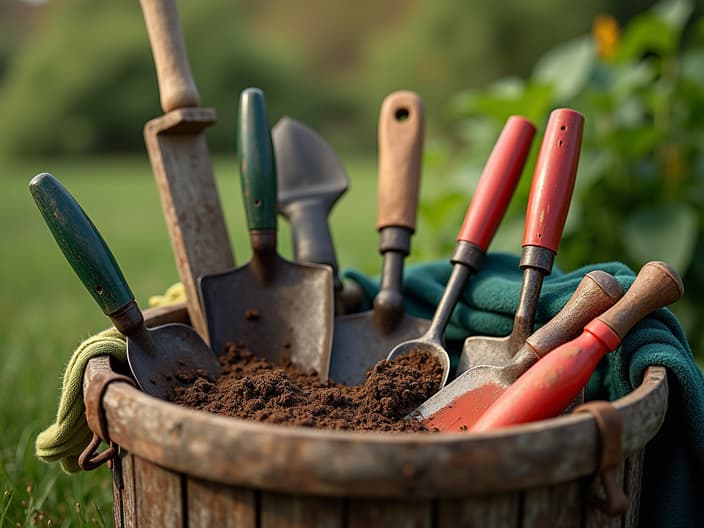 Essential garden tools and equipment, close-up shots, outdoor setting with studio lighting