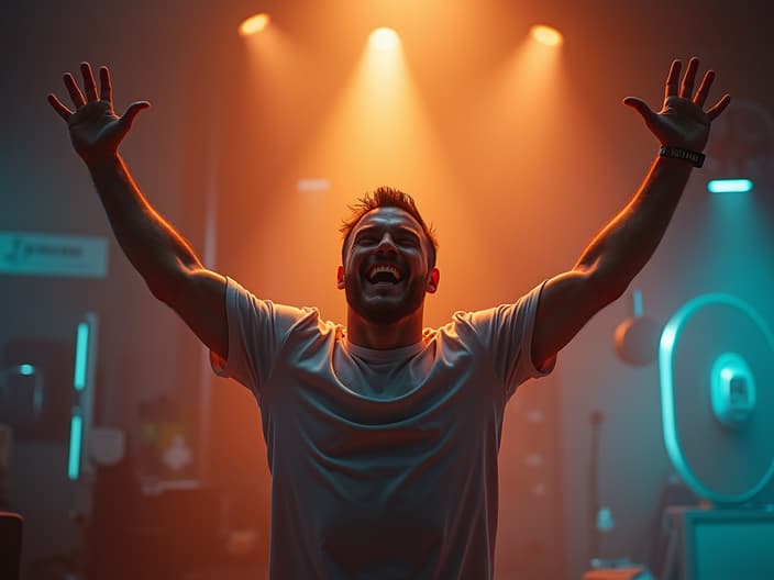 Excited man with arms raised in a vibrant studio setting, ready for challenges